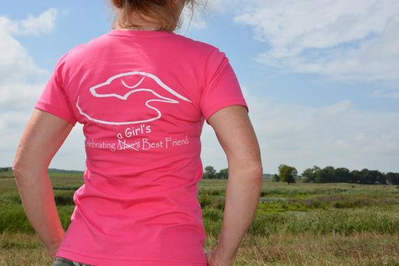 Lady wearing pink Girl's Best Friend t-shirt