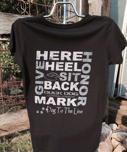 Duck Dog Clothing Company Dog to the Line T-shirt in Navy with words Here, Heel, Sit, Back, Mark, Give, Honor